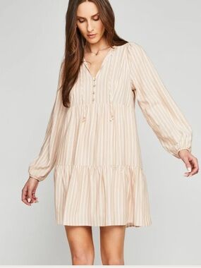 Gentle Fawn ‘ EMILY ‘ Pink & White Striped Long Sleeve Tiered Baby Doll Dress